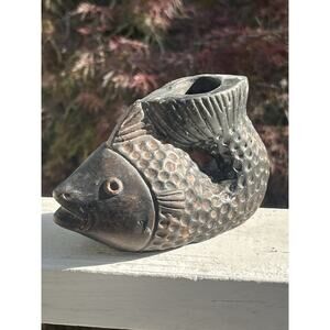 Handmade Black Clay Koi Fish Candlestick Holder Rustic Decor 5.75” VTG